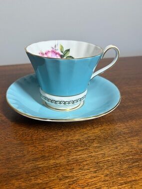 Vintage Aynsley English Bone China Teacup & Saucer - Turquoise & Pink Rose #2959